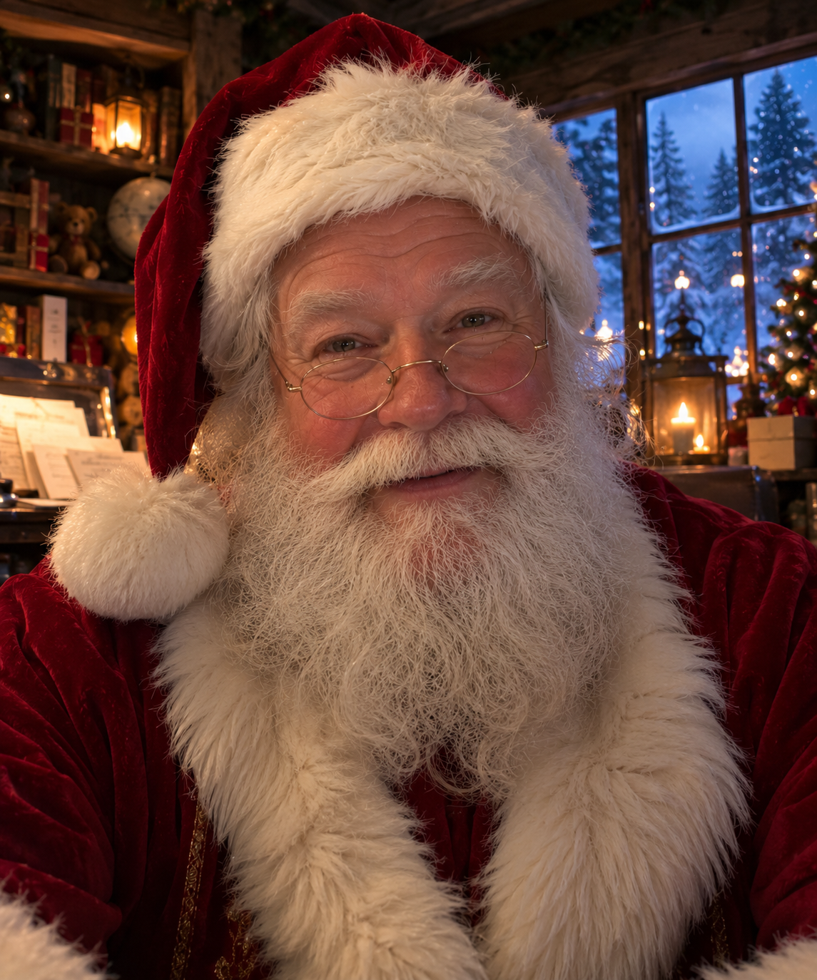Santa Claus smiling in his cozy North Pole workshop